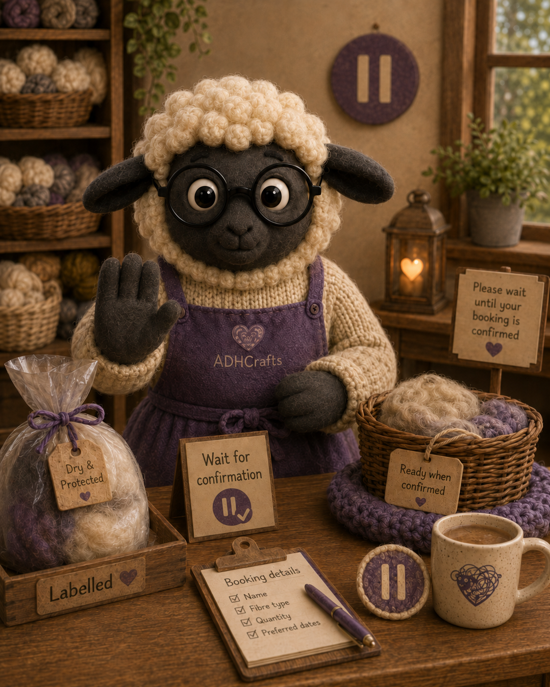 A cartoon sheep character in glasses, wearing an apron, surrounded by yarn and knitting supplies.