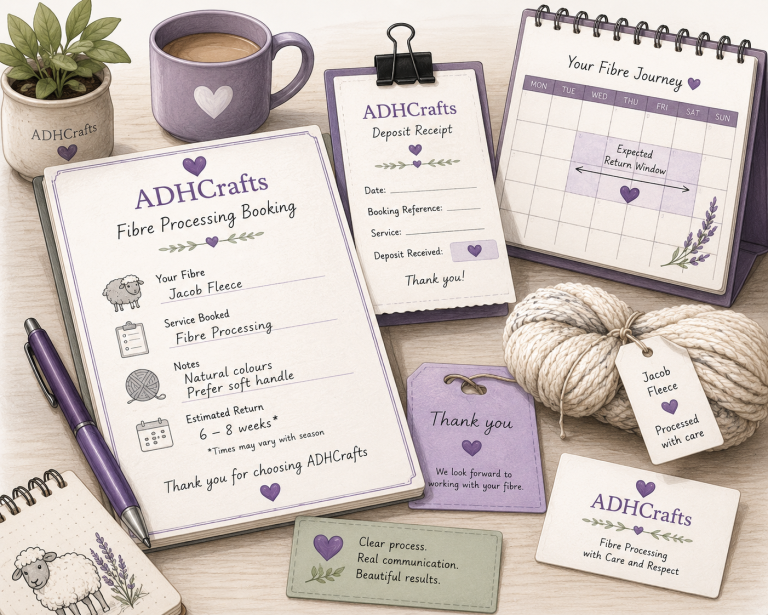A collection of stationery and crafts items in purple and white, featuring a menu and calendar.