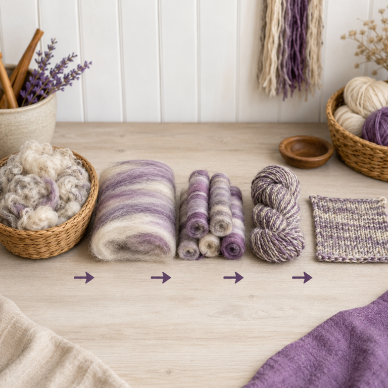 Various yarns and fibres arranged in neutral colours with a crafting process diagram above.