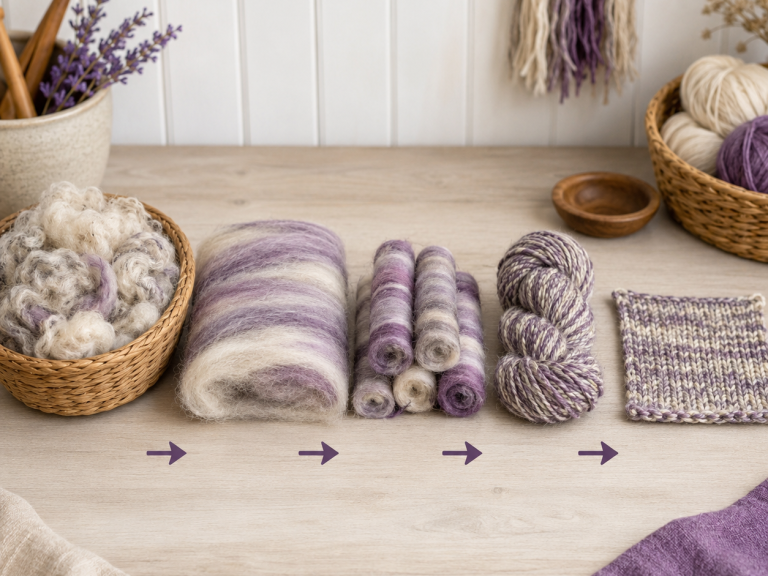 Various purple yarns and fibres arranged in baskets on a wooden surface.