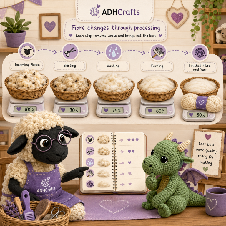 A friendly sheep and dragon beside baskets of wool, showcasing the felting process steps.