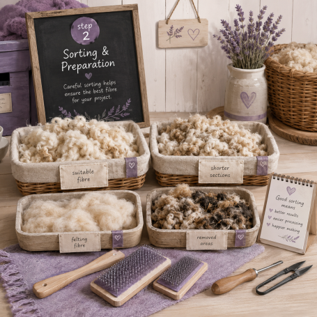 Sorting and Preperation Various sorted natural fibres in baskets, with a lavender plant and tools for preparation.