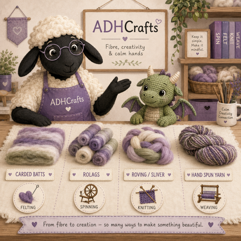 A friendly sheep character presents yarn products alongside a small dragon plush.