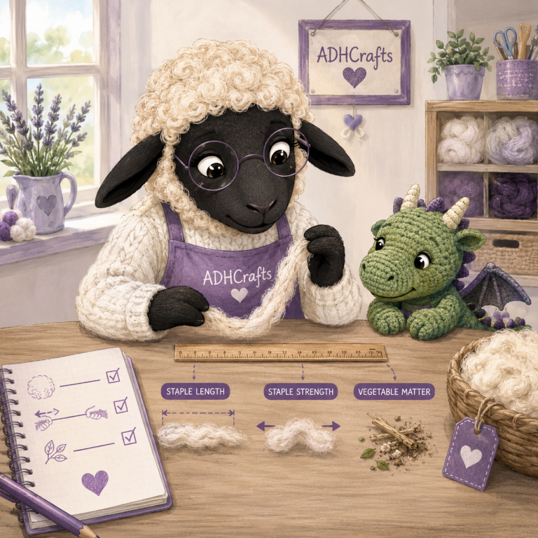 A character in a sweater knitting with a dragon plush nearby, set in a crafting room.