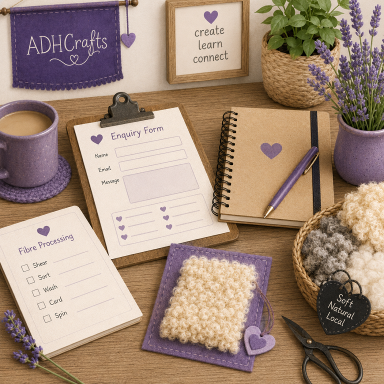 A crafting workspace with purple-themed items, including notebooks, a mug, and tools.