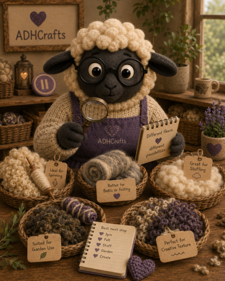 A cartoon sheep in an apron, examining craft materials with baskets of lavender and yarn.