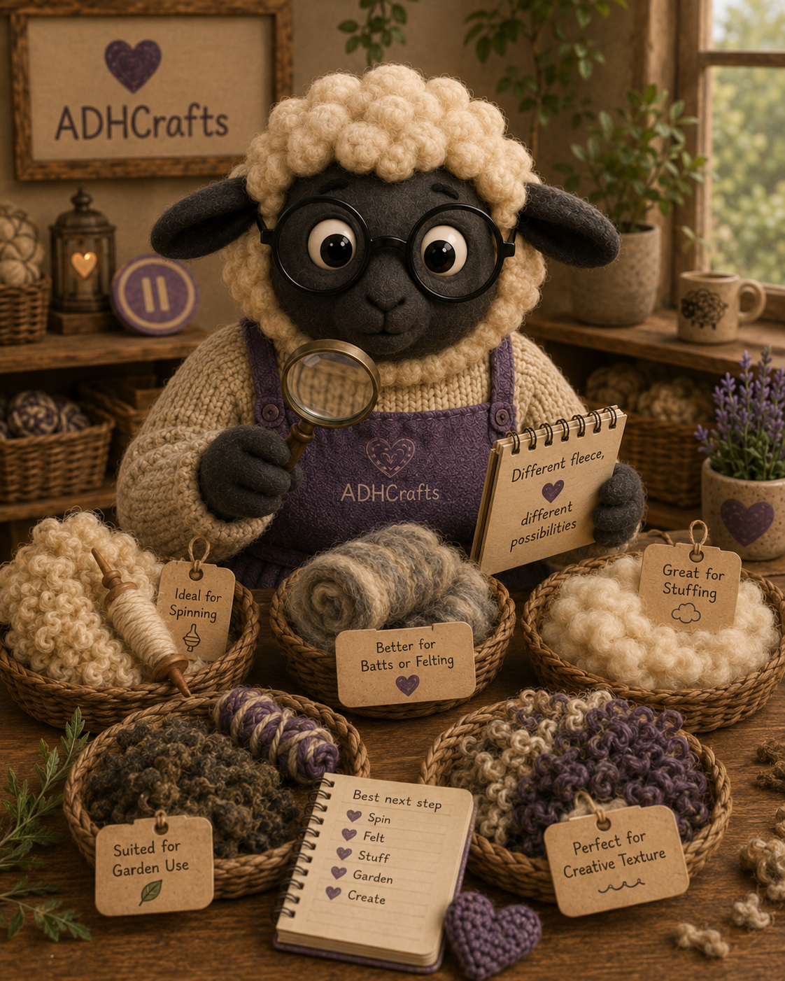 A friendly sheep character examines crafting materials surrounded by baskets of purples and textures.