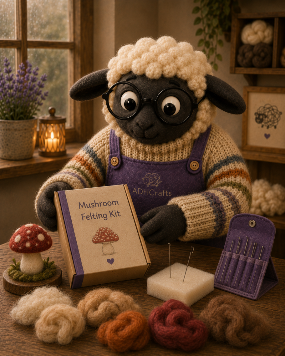 A sheep in glasses beside a crafting kit, mushrooms, and wool accessories.