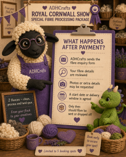 instruction A whimsical sheep and dragon beside a sign detailing post-payment instructions for a craft show.