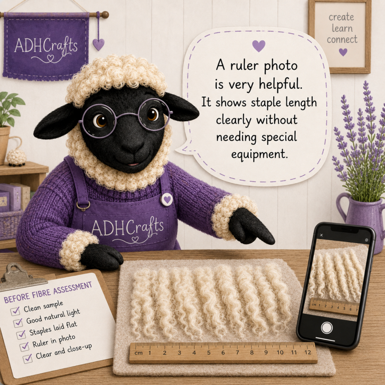 A sheep in a purple sweater demonstrating staple length measurement with a ruler and phone.