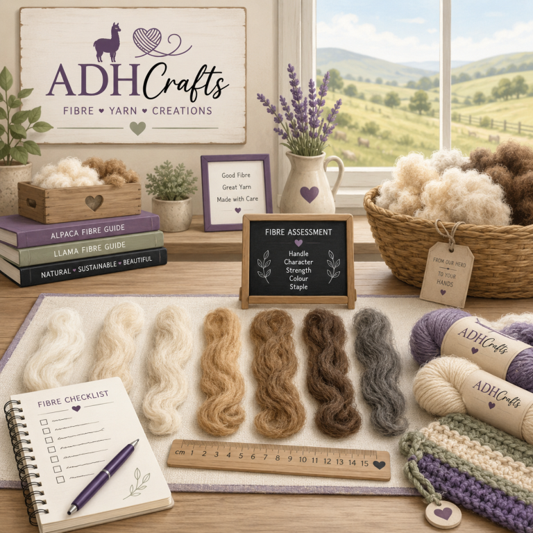 A selection of yarns and crafts materials with a scenic background of hills.
