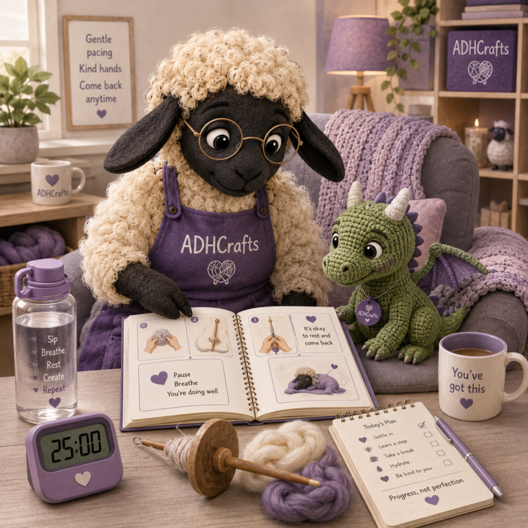 A sheep in glasses teaches crafting with a dragon, surrounded by crafting supplies and notes.