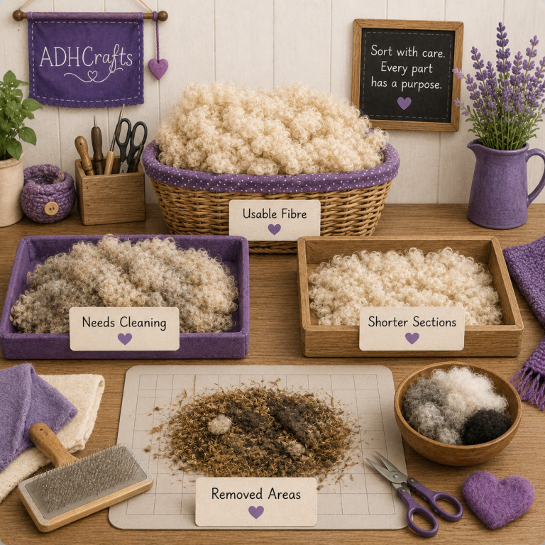 Various crafting supplies displayed in tidy boxes, featuring wool and tools on a wooden table.