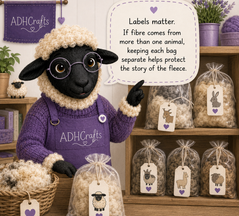 A sheep in a purple sweater points to a message about product labels and storytelling.