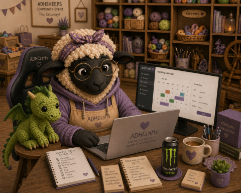 A sheep in a sweater works on a laptop, with a green dragon and coffee nearby.