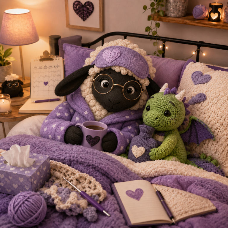 A plush sheep in purple pyjamas and glasses holds a mug beside a green dragon toy.
