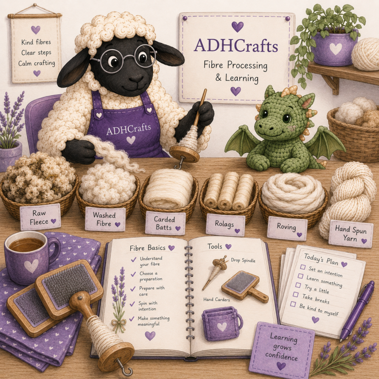 A fluffy sheep character surrounded by crafting materials and a cute dragon.
