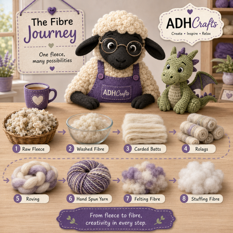 A friendly sheep and a dragon showcase various fibre crafting materials and tools.