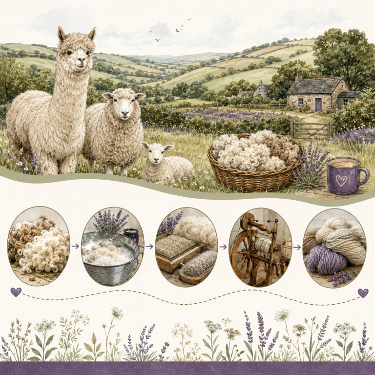 adhcrafts fibre journey Llamas and sheep beside a basket of wool and a mug, set in a pastoral landscape.