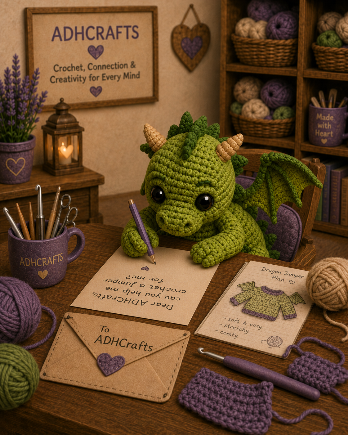 A green crocheted dragon writing, surrounded by yarn, tools, and a crafting display.
