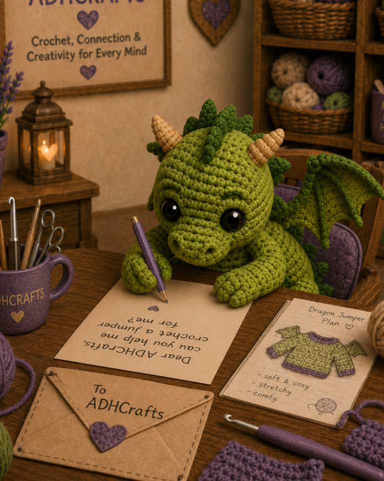 A green crocheted dragon writing a letter among yarn and crafting supplies.
