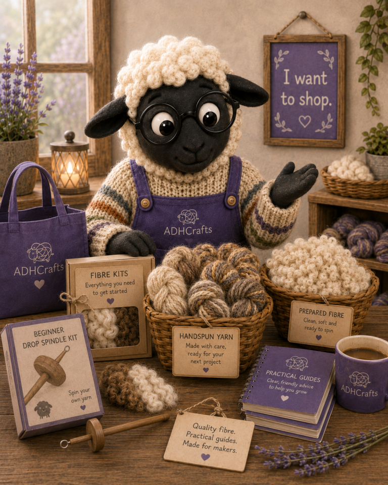 A quirky sheep character surrounded by craft supplies and product displays in a cozy shop setting.
