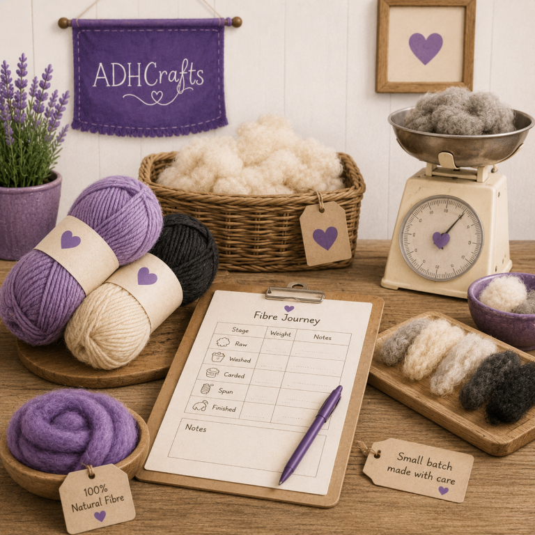 Knitting materials and tools displayed on a wooden table, featuring yarn, a scale, and a clipboard.