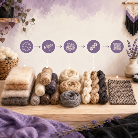 End Products Assorted yarns and materials in neutral tones arranged with crafting icons and textures.