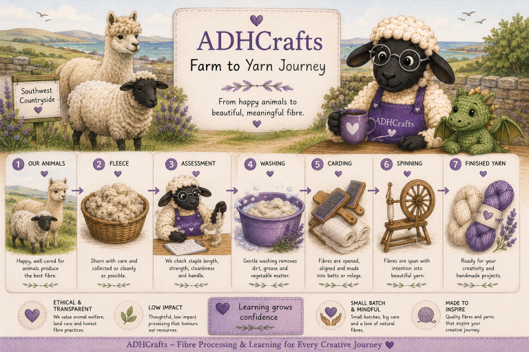 A cartoon-style overview of a sheep farm journey, featuring sheep and yarn-related activities.