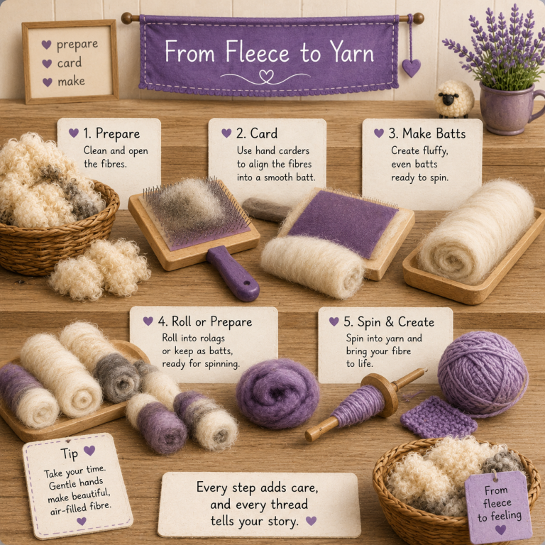 A guide showing steps to make yarn from fleece, with instructional labels and purple hues.