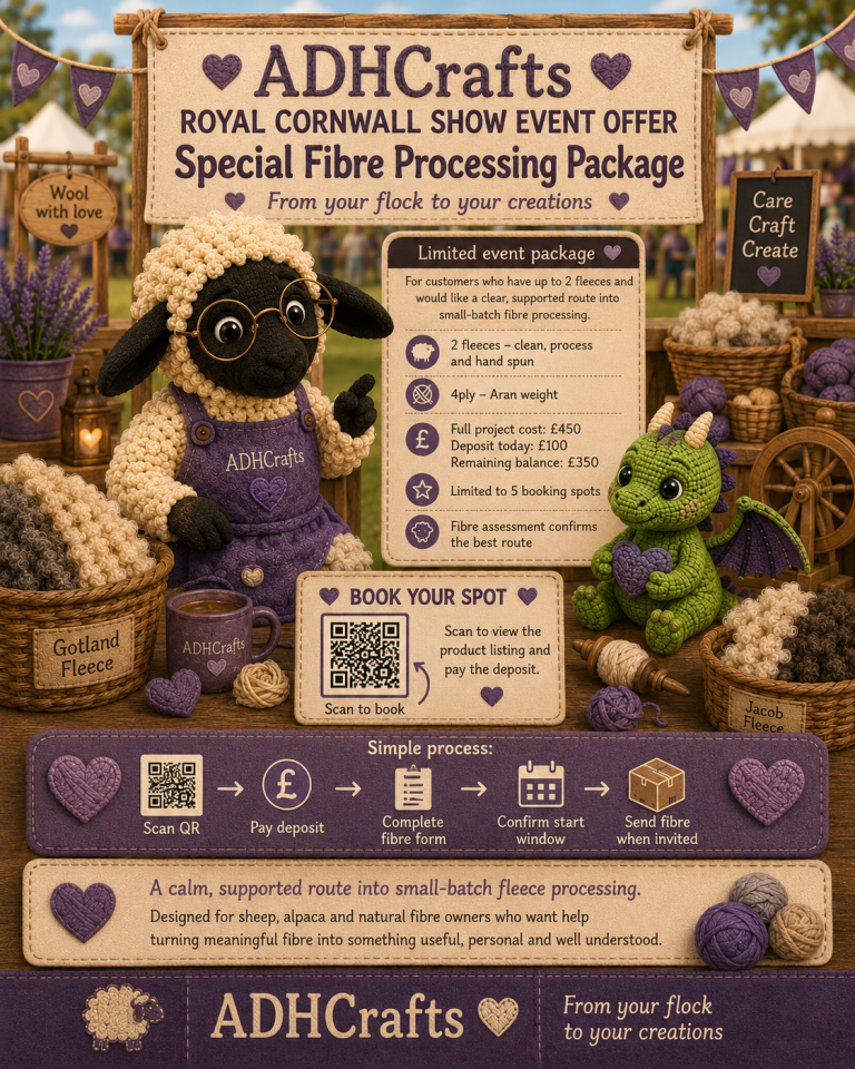 adhcrafts royal cornwall special Promotional material for ADH Crafts event featuring a sheep and dragon, highlighting fibre processing.