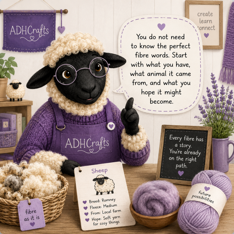A sheep character in a purple sweater surrounded by crafting materials and a chalkboard sign.
