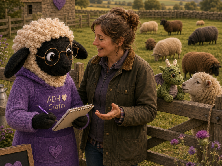 A woman and a sheep puppet interact by a farmyard with sheep in the background.