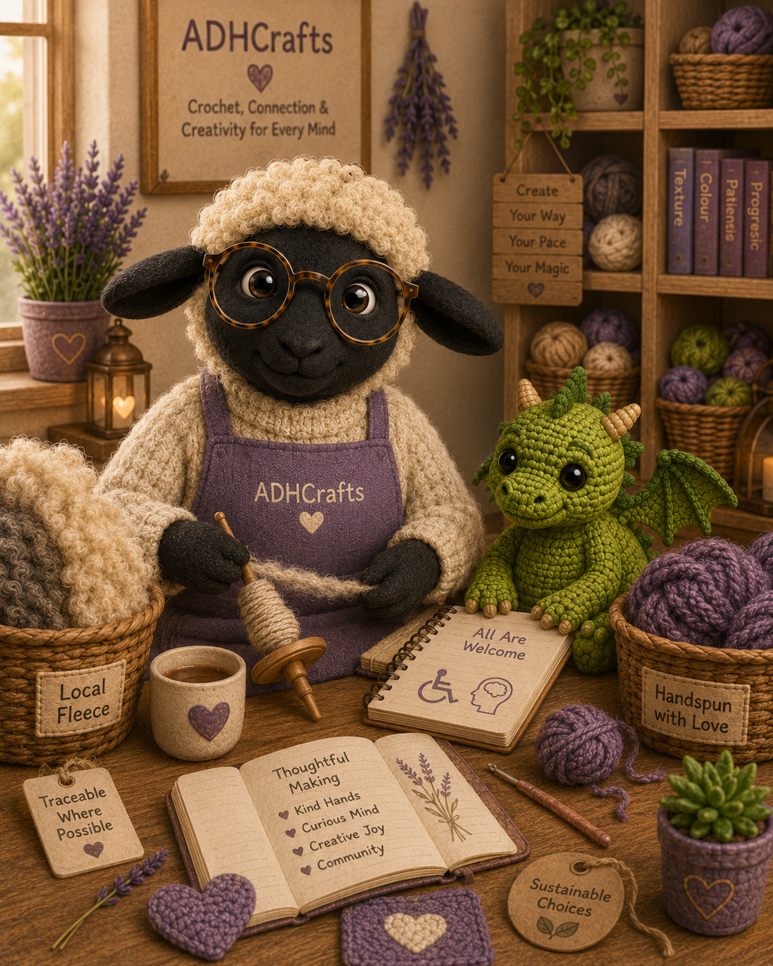 A sheep in glasses crafts with yarn, accompanied by a small dragon and lavender decor.