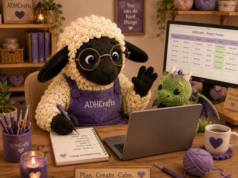 A sheep wearing glasses, sitting at a desk with a laptop, writing notes with a dragon beside it.