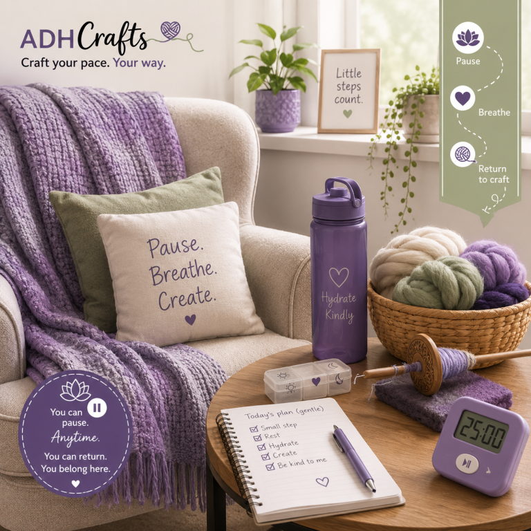adhcrafts chronic health A cosy crafting setup with yarn, tools, and a motivational cushion in purple tones.