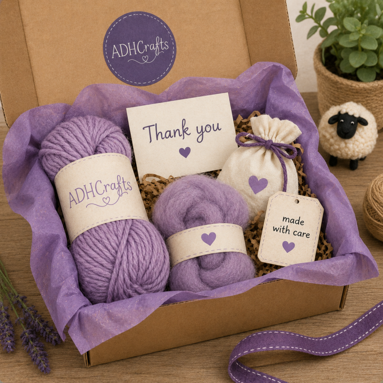 Crafting gift box featuring yarn, lavender sachet, and a thank you card.