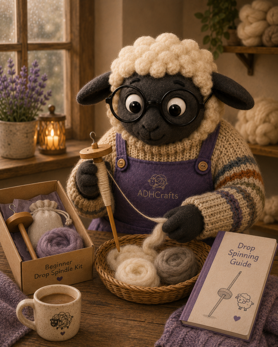 A sheep character in glasses knitting with yarn in a cozy, rustic setting.