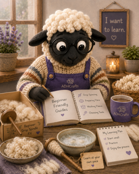 A sheep in glasses reading a book, surrounded by yarn and crafting materials.