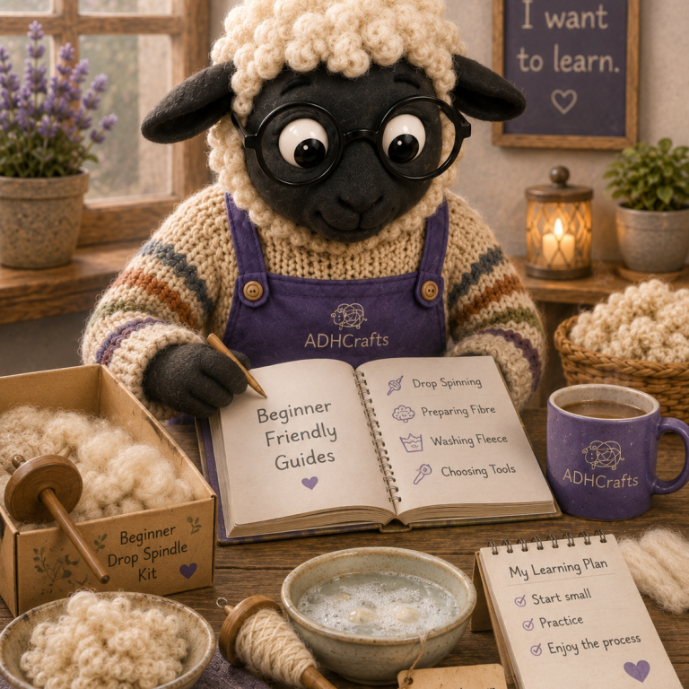 A sheep character, wearing glasses, reads a crafting booklet beside yarn and a mug.
