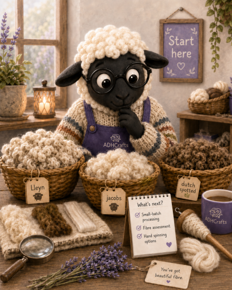 A fluffy sheep character surrounded by baskets of wool and crafting supplies in a cozy setting.