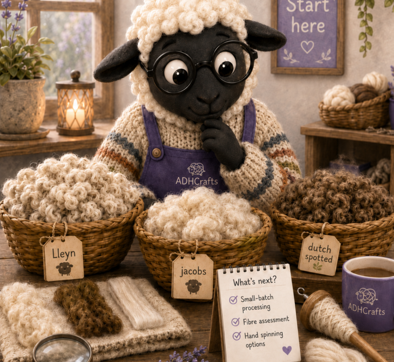 A sheep in a sweater thinking, surrounded by baskets of yarn and a notepad.