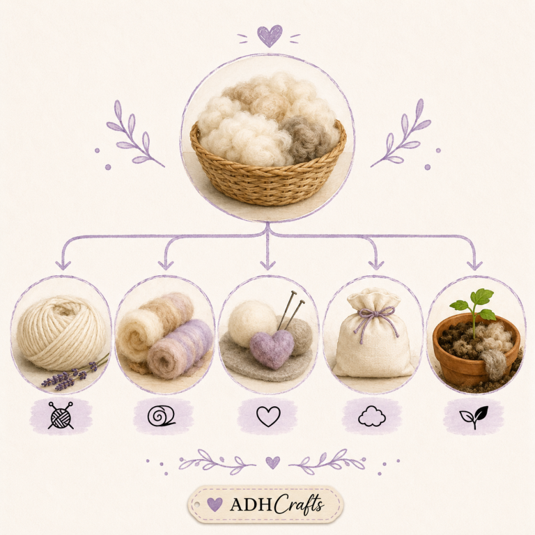 A basket of soft wool with various yarn types and crafting supplies arranged around it.