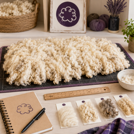 Assesment Fluffy cream wool atop a workspace, with samples and a notebook nearby.