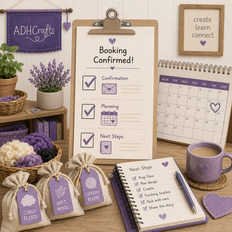 A workspace with a clipboard, calendar, lavender, and decorative items in purple tones.