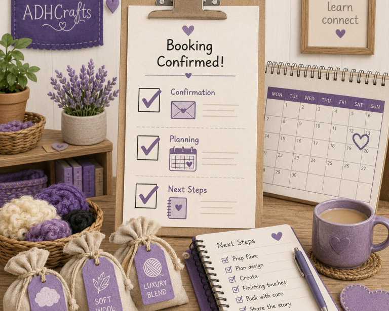 A workspace with purple decor, a calendar, and a checklist for booking confirmation.