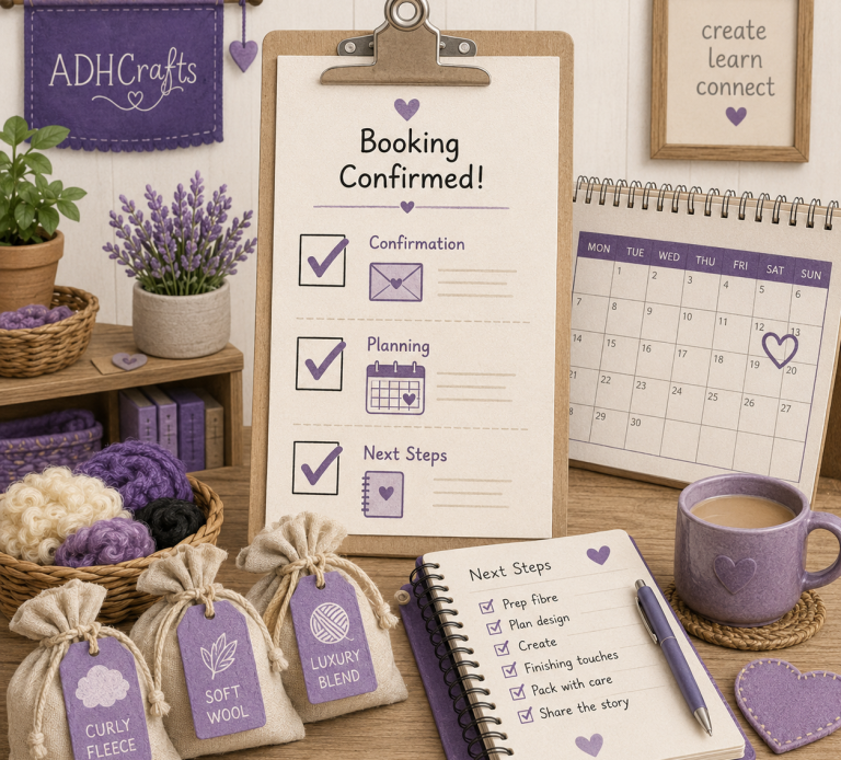 A desk scene featuring a booking confirmation checklist, calendar, and lavender decor.