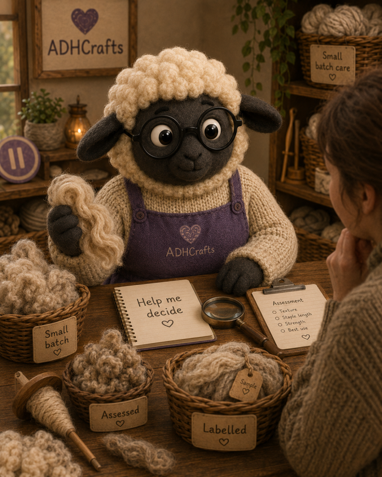 A cartoon sheep character wearing glasses sits at a craft table, engaging with a customer.