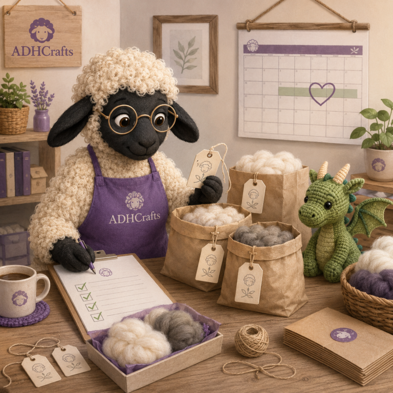 A sheep in glasses reviews crafting supplies with a dragon toy beside wool bags.