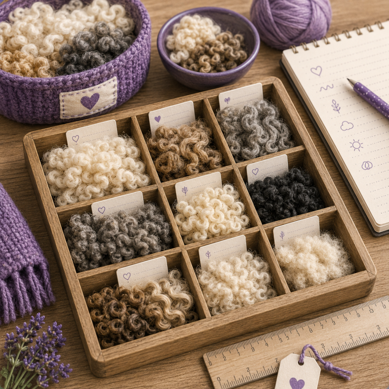 A wooden tray with twelve compartments filled with thread bundles in various neutral shades.